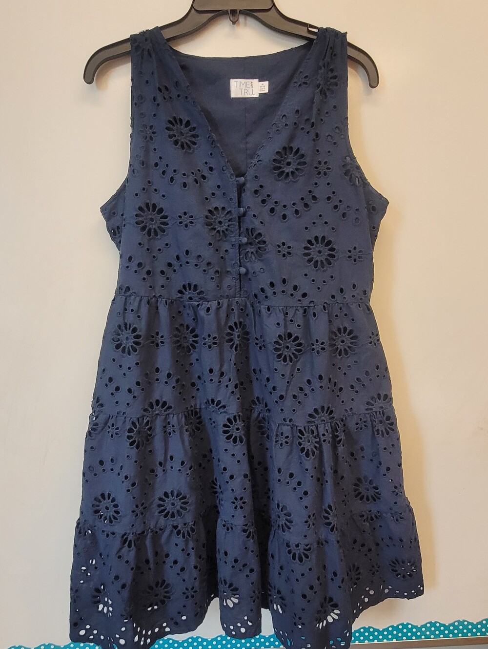 Time And Tru Navy Blue Eyelet Dress Buttons Pockets Medium 8 10